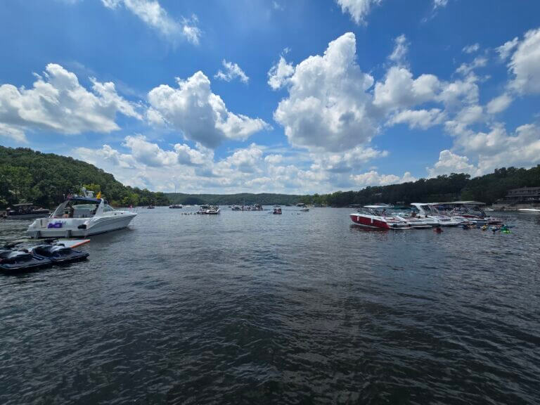 Boats in cove at Drowning Creek, Grand Lake Oklahoma